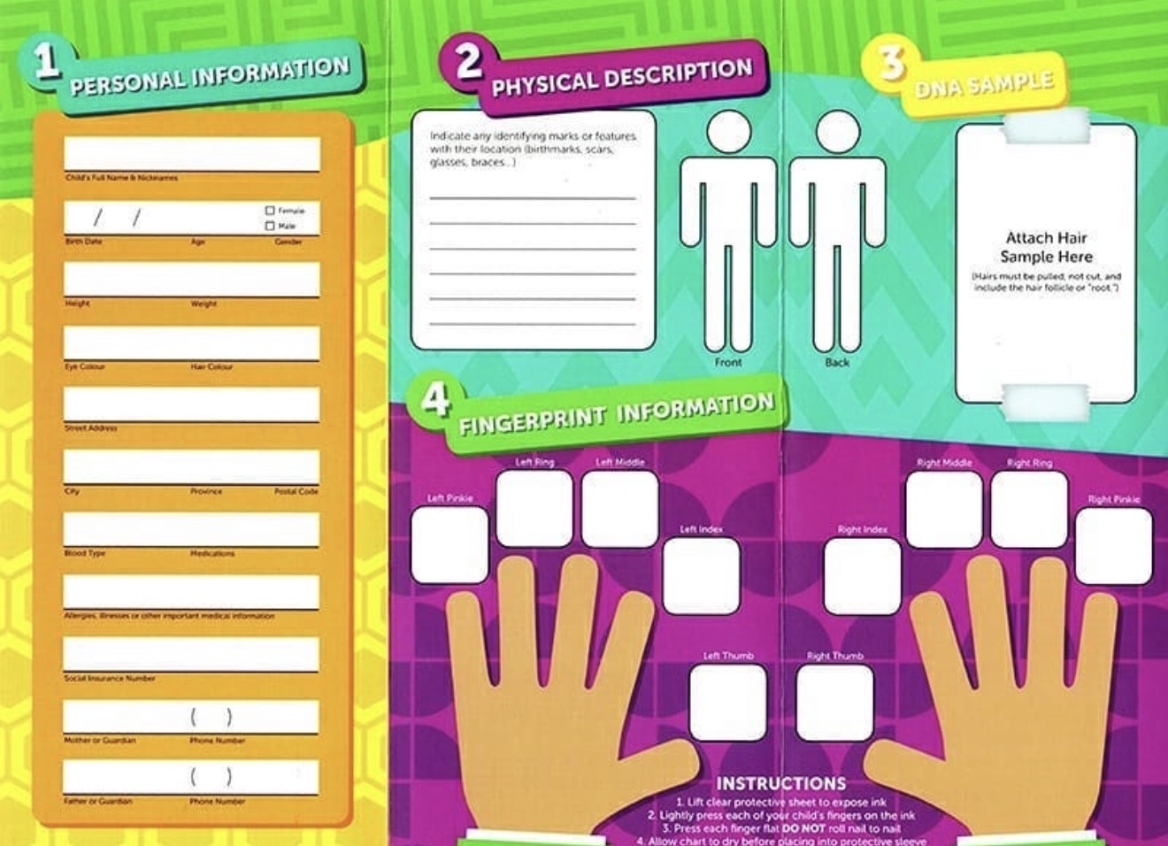Páginas del Child Safe Kit para información personal, descripción física y huellas digitales