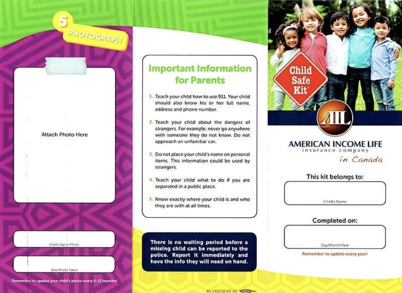 Páginas del Child Safe Kit para la foto del niño y consejos de seguridad para padres